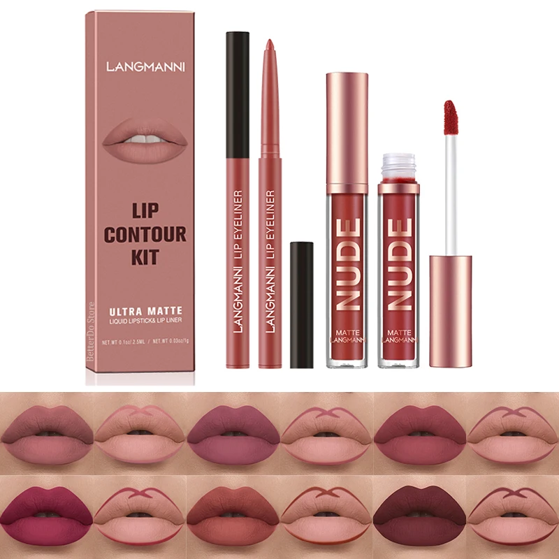 2pcs/set Lip Liner Pencil Nude Lip Gloss Combination Makeup Liquid Lipstick Waterproof Sexy Red Lip Contour Tint Kit Cosmetics