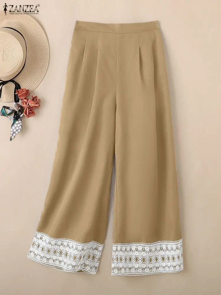 2025 ZANZEA Autumn Trousers Women Casual Elastic Waist Baggy Pantalon Vintage Lace Lace Patchwork Palazzo Fashion Wide Leg Pants