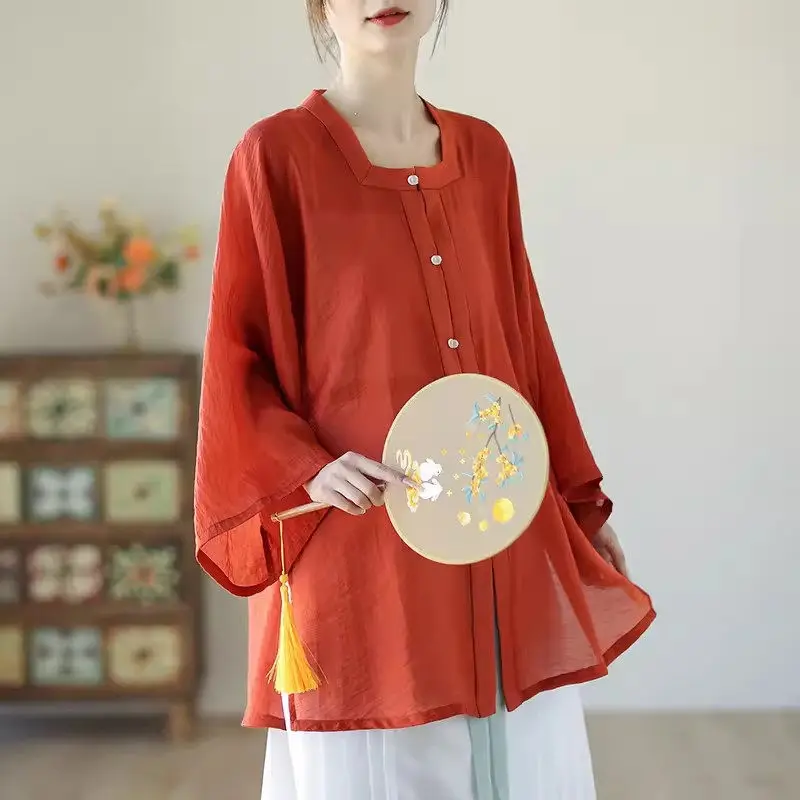 2024 New Hanfu Daily Women's Long Top Large Size Loose Linen Square Neck Shirt Thin Sun Protection Clothing Retro Jacket K1395