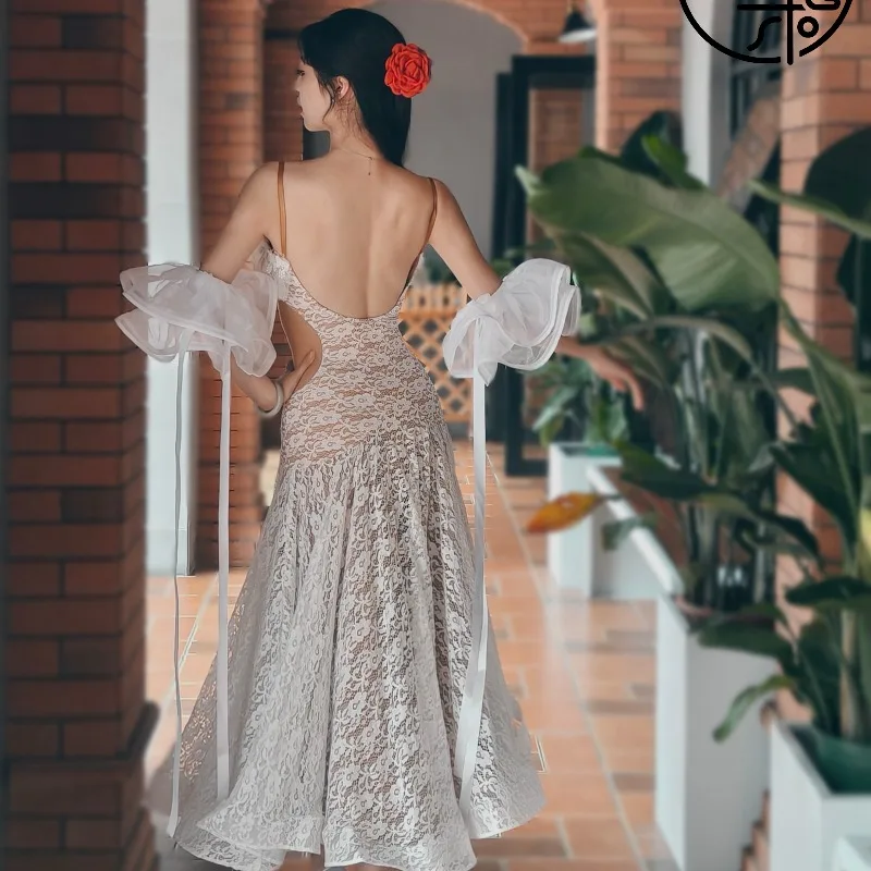 Customized Lace Flower Romantic Modern Dance Dress Performance Skirt Group Dress Art Exam Ballroom Dance Dress Women Competition