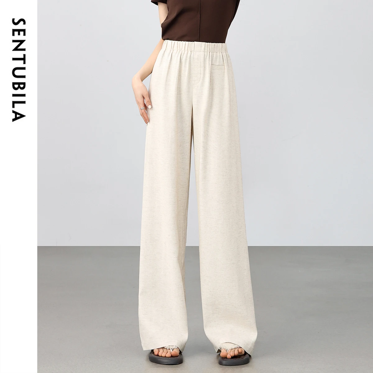 

SENTUBILA Linen Blend Pants For Woman 2025 Summer Casual Straight Elastic Waist Comfort Basic Full Length Trouser 152K57552
