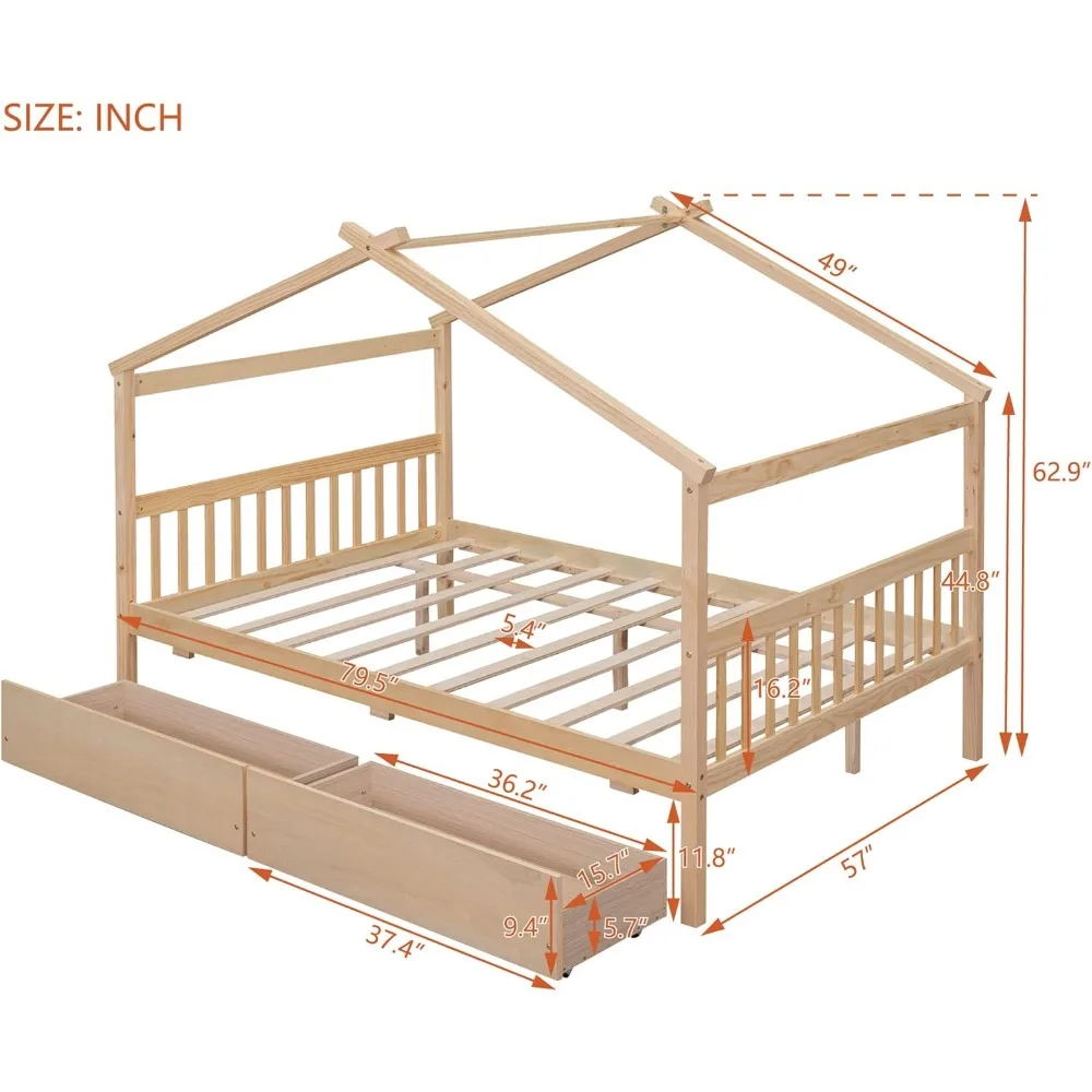 Full Size Bed Frame with Two Drawers and Roof, Wooden House Beds for Kids, Teens, Boys or Girls, Bed Frame