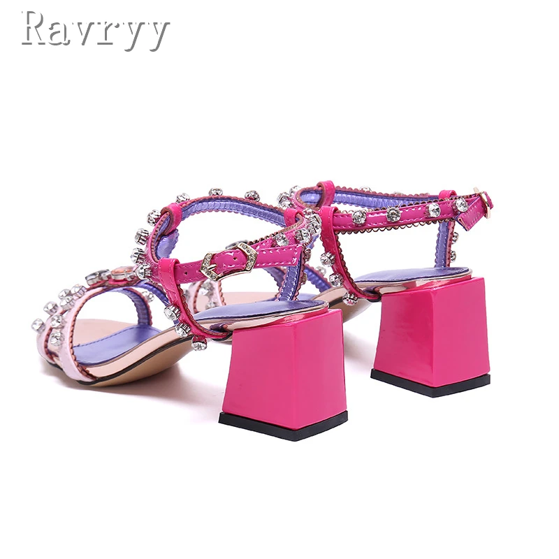 Luxury Rhinestones Women Sandals Designer Round Open Toe Thick Heels Buckle Strap Summer Shoes Fashion Party Wedding Shoes