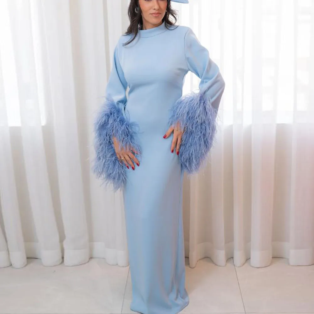 Customized Feather Sleeve Evening Dresses O Neck Straight Prom Gown Blue Satin Long Womens Special Occasion Dress