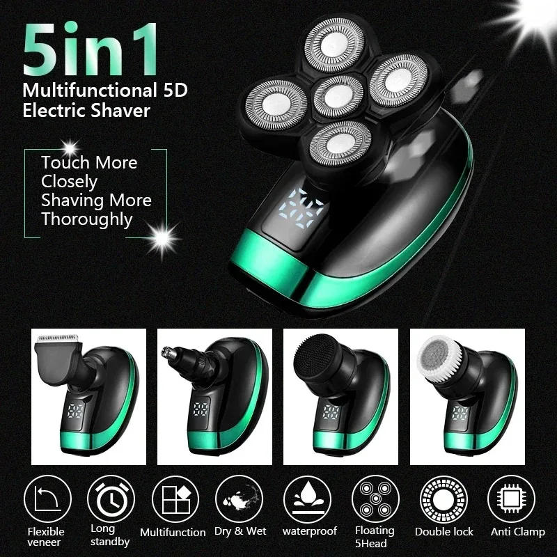 Tinsol 5 in 1 Men's Rechargeable Electric Shaver 5 Floating Head Beard, Nose and Whisker Trimmers 4D Skinhead Shaver Groomer