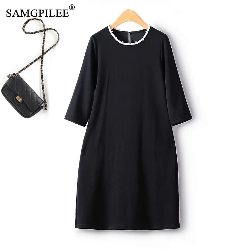 

Autumn Winter Little Black Dress Neckline Beaded Hepburn Style Elastic Three Quarter Sleeve Elegant And Pretty Women's Dresses