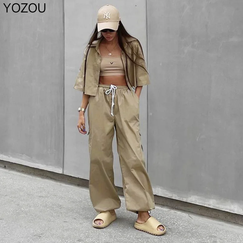 

YOZOU 2022 Gray Beige Cargo Parachute Pants Women Bottoms Streetwear Joggers Wide Leg Baggy Trousers Aesthetic High Street Loose