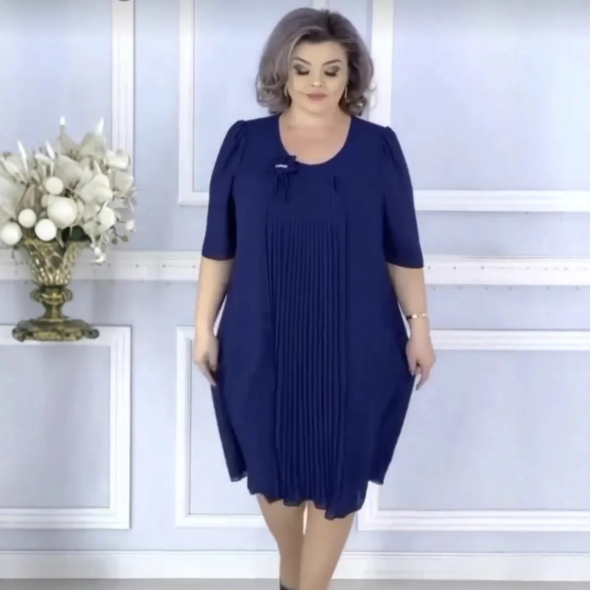 

2026 Women Loose Long Dress Half Sleeve Solid Color Spring Summer Knee Length Dress