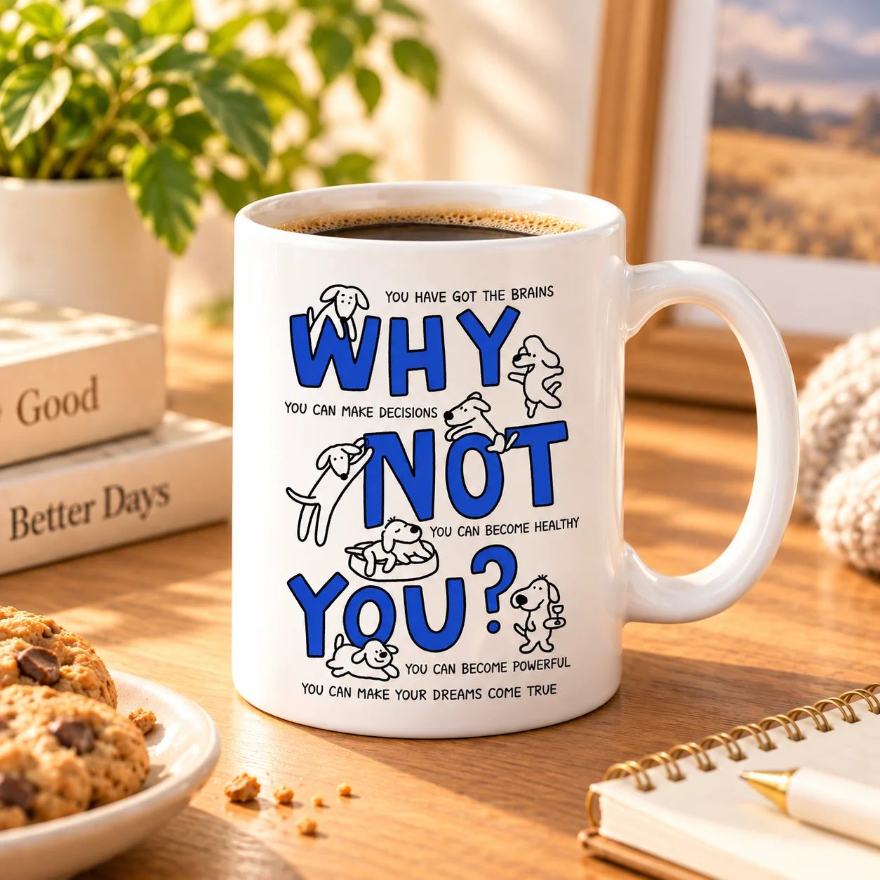 1pc Positive Quote Sublimation Ceramic Drinking Mug, “Why Not You?” Blue Letter Print Ceramic Cup, Special Gift For Friends