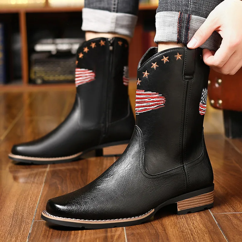 New Brand Men High Boots Embroidery Retro Handmade Mens Boots Western Cowboy Pointed Toe Boot Hand Stitching Outdoor Men's Shoes