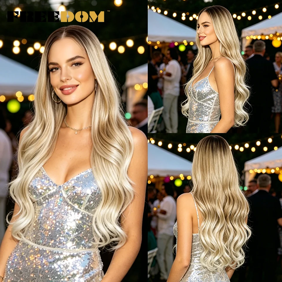 FREEDOM Synthetische Lace-Front-Perücken für Damen, 13x6, natürliche Body-Wave-Lace-Perücke, 26 Zoll, Ombre Braun Blond Highlight, Perücke für den täglichen Gebrauch