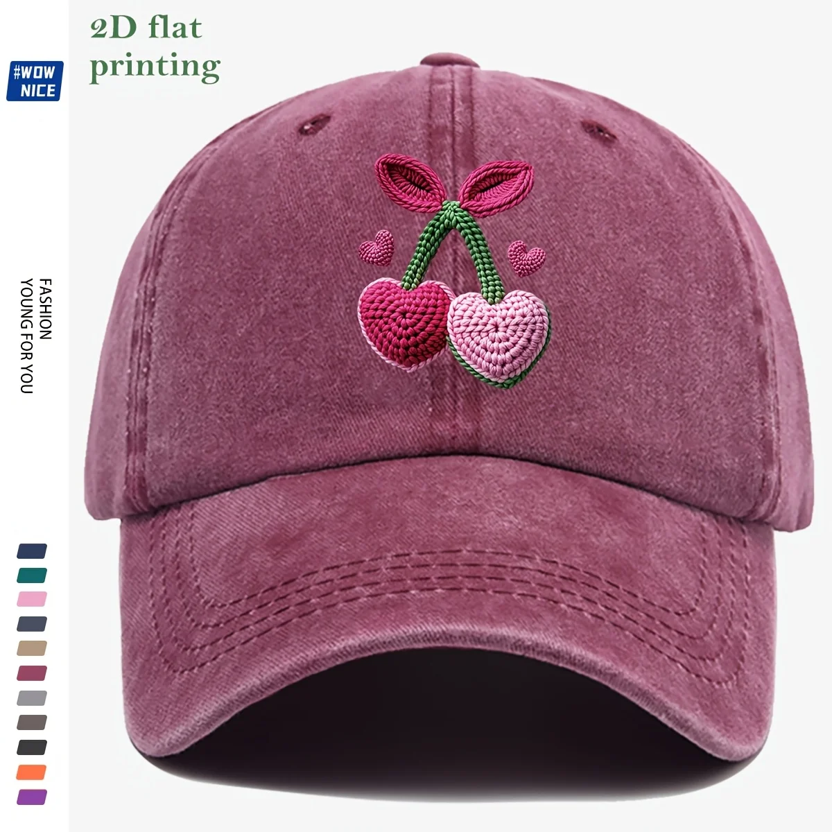 1pc Three-Dimensional Flat Iron-On Cherry Baseball Cap, Crocheted Pink-Purple Heart Cherries with Green Leaf Vines, Accented wit