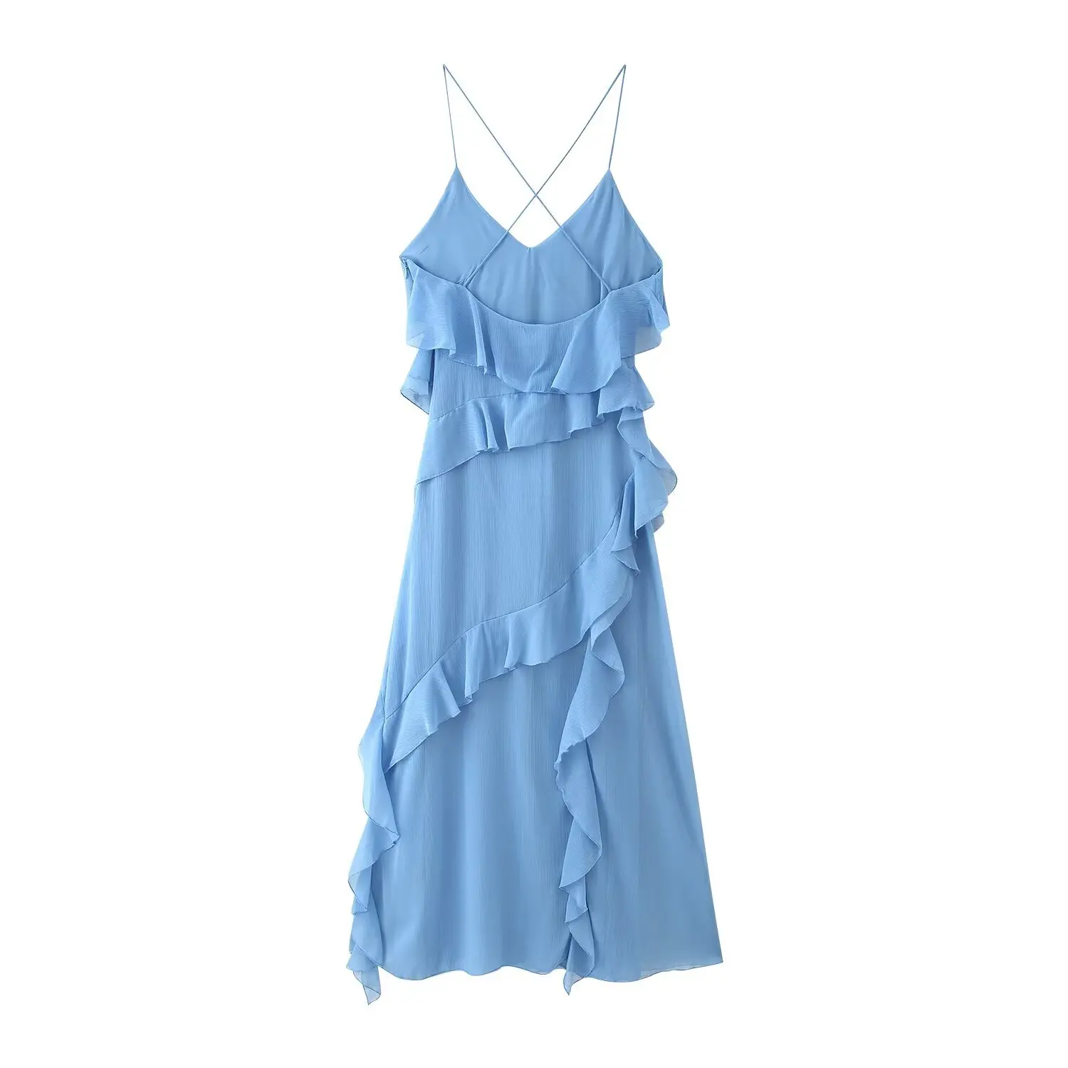 Kondala feminino outono elegante vestido azul com decote em v babado em camadas vestido longo 2025 nova primavera verão moda romântico vestido de férias