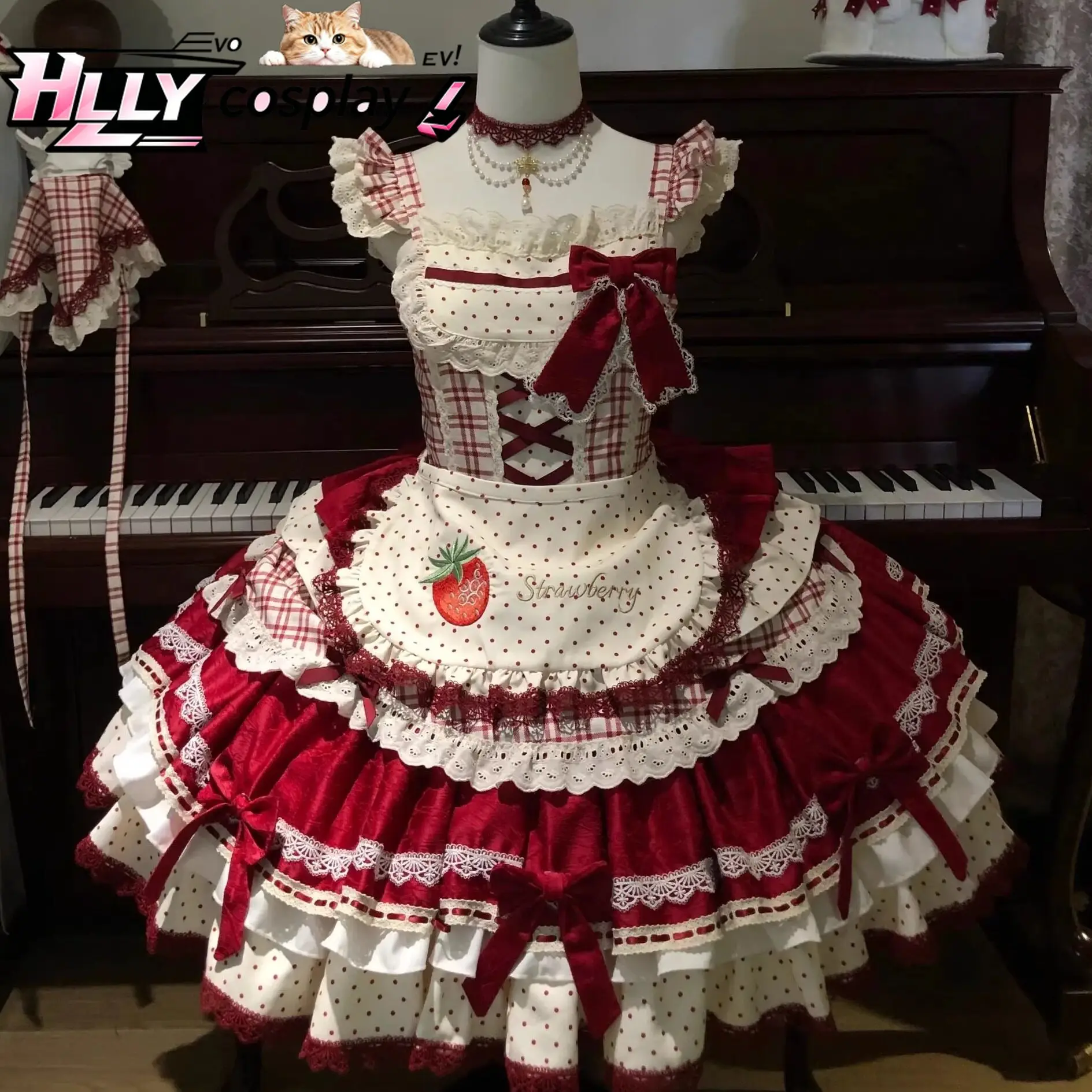 Strawberry Sweet Lolita JSK Dress – Red White Checkered Ruffle Bow Cosplay Costume for Halloween Anime Party