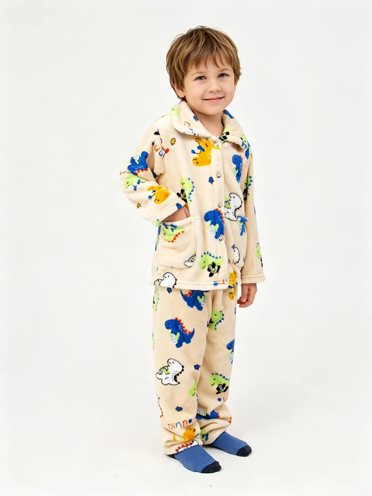 2026 Herbst Winter Kinder Coral-Fleece Schlafanzug-Sets Baby Jungen Mädchen Dinosaurier-Druck Langarm Warme Bequeme Nachtwäsche – Detail 3