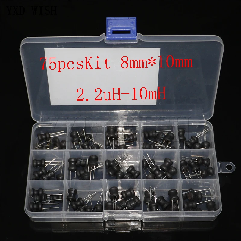 75PCS/Box 8*10mm Inductance Power Inductor Kit 4.7UH 10UH 22UH 33UH 47UH 68UH 100UH 220UH 330uh 470uh 680uh 1MH 10MH Inductors