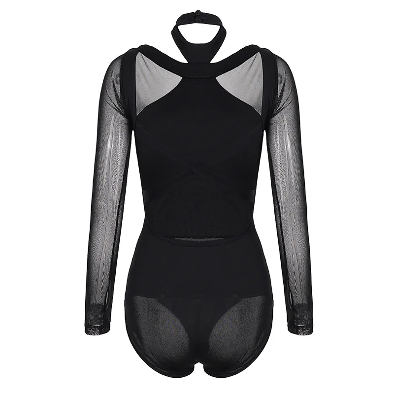 

Sexy and fashionable women's cross lace up long sleeved mesh splicing with chest pads jumpsuit