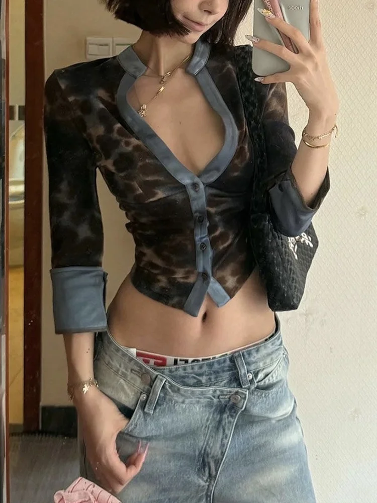 

Punk Sle Women's irt V-Ne Splicing Leopard Print Y2K Millennium Hot Girl ort Length Slim Fit Breathable Skin-Friendly