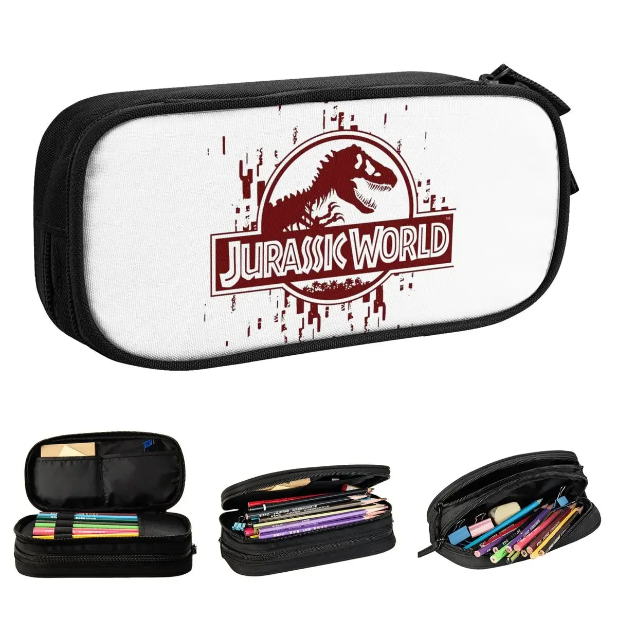 

Jurassics World Red Glitch Logo Pencil Cases Cute Dinosaur Pen Holder Bags Student Big School Supplies Cosmetic Pencil Box