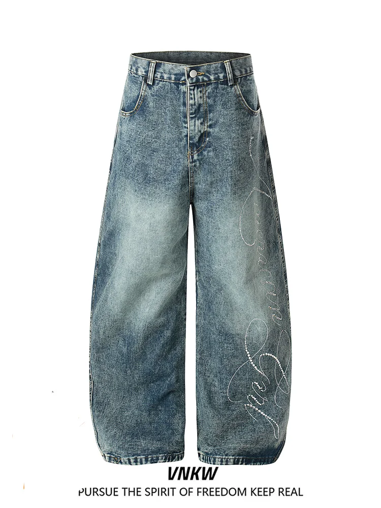 

Американские ретро-джинсы с надписью и стразами, синие, свободного кроя, с эффектом похудения, широкие штанины, универсальные, для повседневной носки, длинные брюки