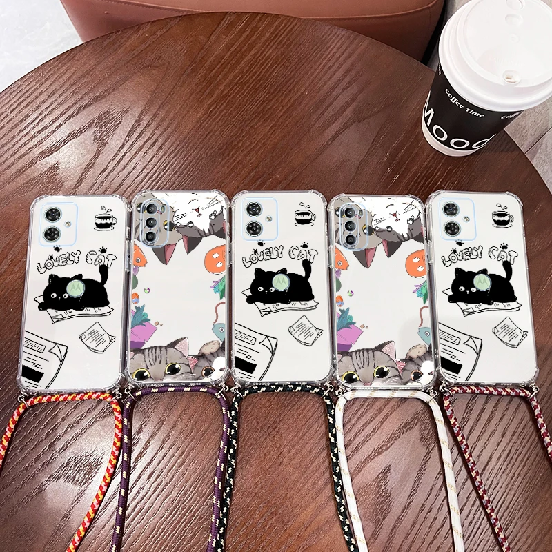 G54 Curious Cat Transparent Lanyard Phone Case For Motorola Moto G54 G34 G32 G24Power G53 G13 G9 G71S G41 G52 G42 G14 G82 Cover