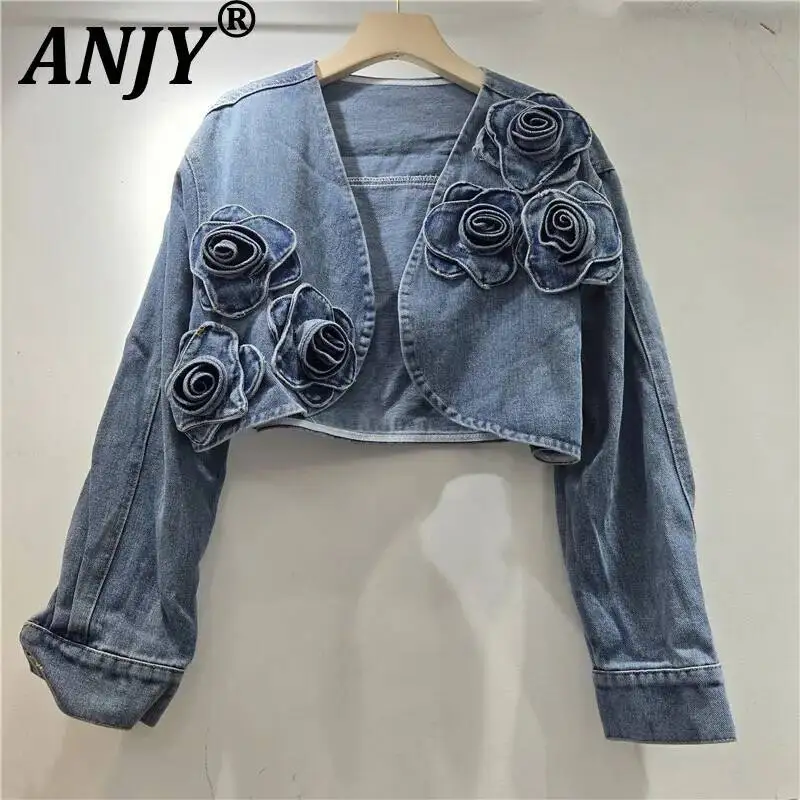 

ANJY Spring Summer New Women Distressed Washed Three-Dimensional Spiral Flower Decoration Long Sleeves Short Denim Jacket A23342