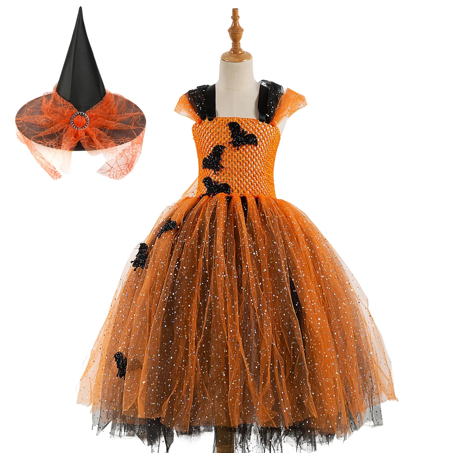 

Sparkly Vampire Bat Halloween Costumes for Girls Kids Witch Long Tutu Dress Children Carnival Party Outfit Gold Black Ball Gown