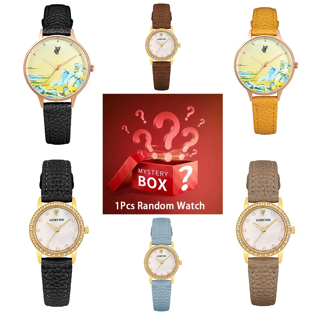 Mystery box contains 1 random watch; ladies quartz watch with leather strap; doodle round watch.