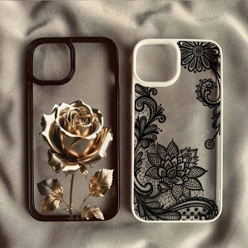 

Golden Rose Lace Pattern Phone Case For iPhone 16 17 15 14 Plus 13 12 11 Pro Max 17 Air Butterfly Clear Shockproof Phone Cover