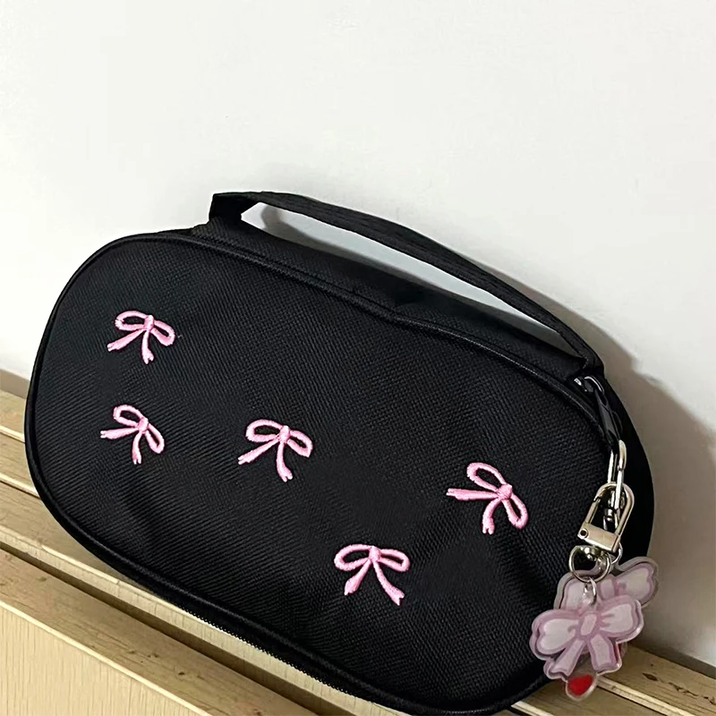 〔CC88〕Sweet Bow Cute Girly Heart Tote Embroidery Cosmetic Bag，Makeup Brush Storage Bag with Zipper