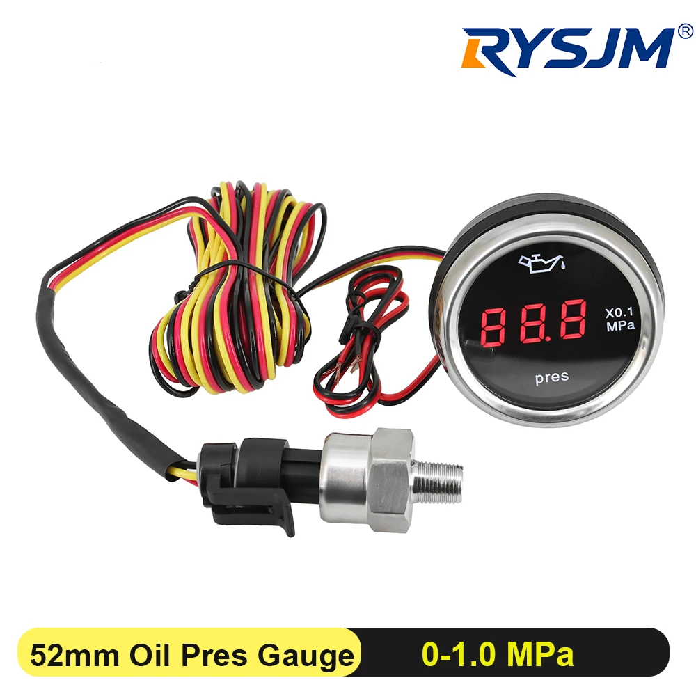 2 Zoll 52mm Digitales Öldruckmessgerät 0-1,0MPA mit Alarm 12V-24V Universal mit Öldrucksensor 1/8NPT für Auto, Motorrad, LKW