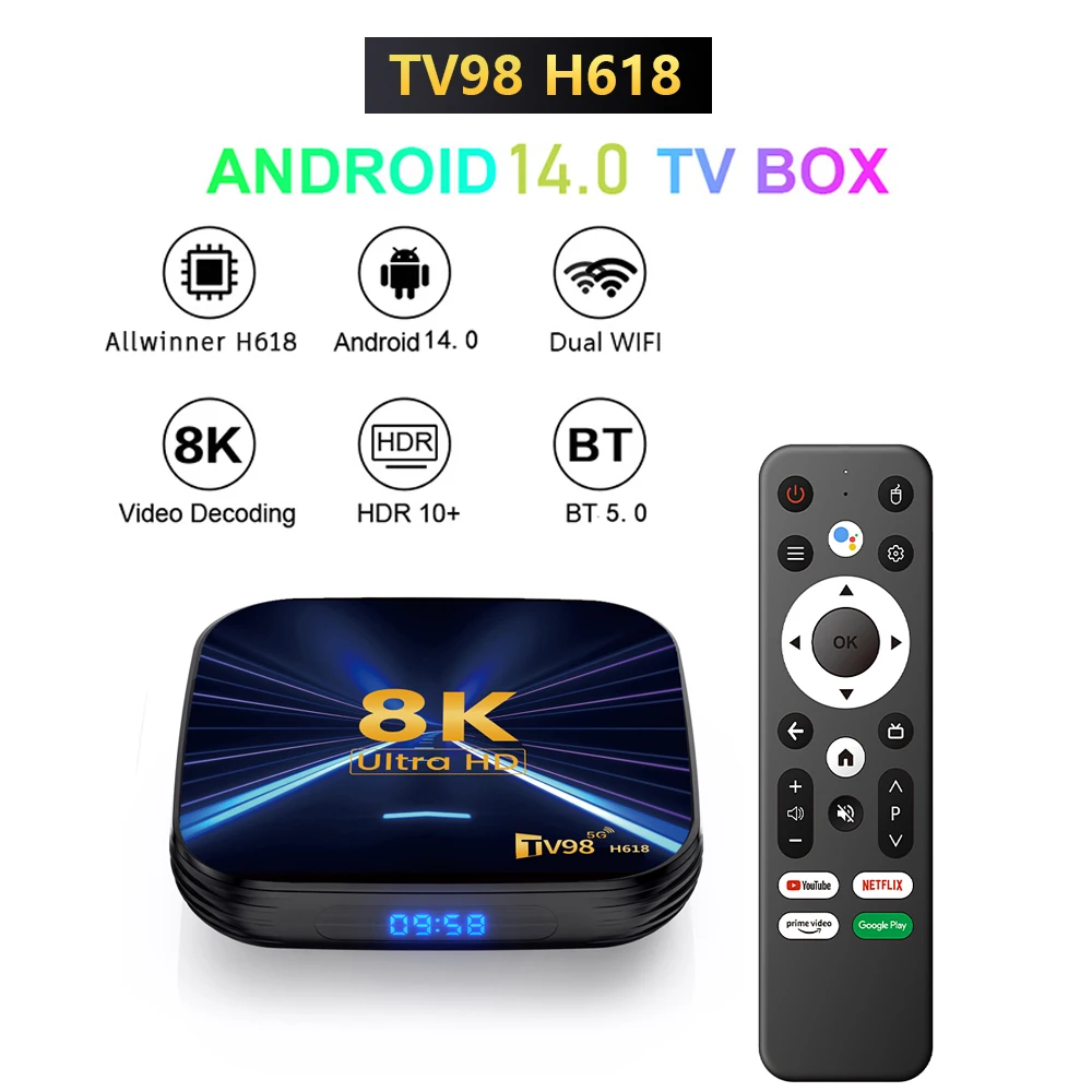 Image of TV98 H618 Smart TV Box Allwinner H618 4GB RAM 64GB ROM Android 14 2.4G&5.8G Dual-Band WLAN 8K HDR Video Media Player