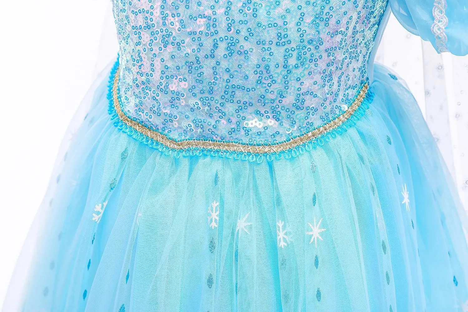 2026 Deluxe Mädchen Blaues Pailletten-Prinzessinnenkleid Schneeflocken-Print Lange Schleppe Puffärmel Kinder Elsa Kostüm Outfit Schneekönigin Ballkleid – Detail 5