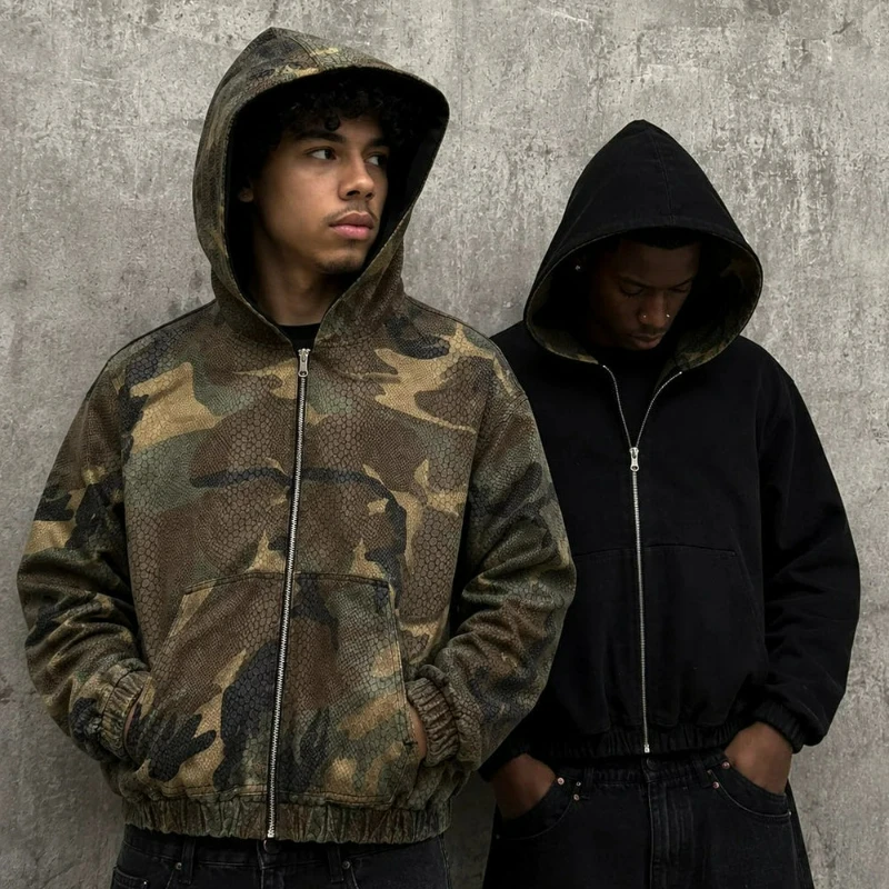 Y2k Reversible Python Camo Hoodie Glitter Coating Snakeskin Men Jacket American Hip Hop Streetwear Unisex Boxy Casual Outerwear