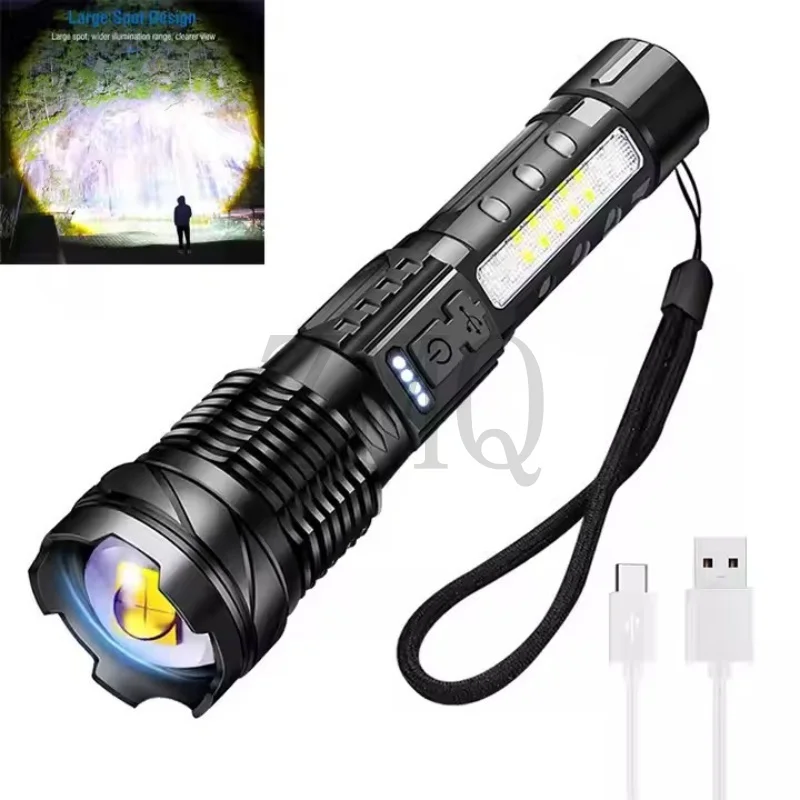 High Power LED Flashlight Powerful TYPE-C Rechargeable COB Flashlight With Side Light Torch For Outdoor Camping Hiking