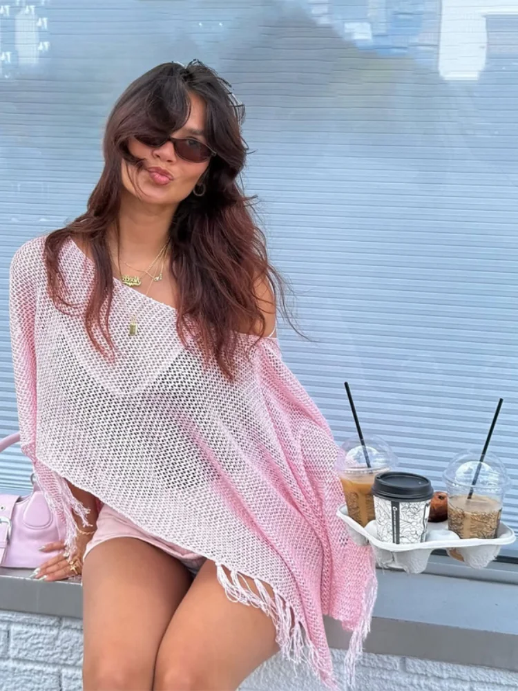 

Women Irregular Solid Color Tassel Blouse Elegant Unique Loose One Shoulder Sloping Collar Cape2026 Lady Daily Casual Tops New