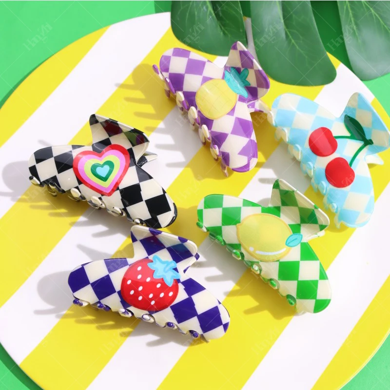 HANGZHI New INES Colourful Fruit Mosaic Hair Clip Fashion Sweet Plaid Shark Clip Vibrant Headwear Hair Accessorie for Women Girl