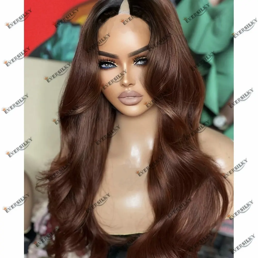 

Body Wave 100% Human Hair 1x4 Size V Part Wigs for Women with Clips Honey Blonde Hightlight Brown Glueless U Part Wig Human Hair