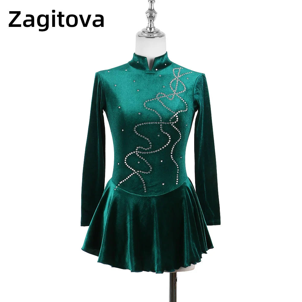 Zagitova Figure Skating Dress For Women Girls Ice Skating Skirt Performance Competition Korean Velvet Blackish Green