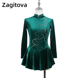 Zagitova-vestido de patinaje artístico para mujer y niña, falda de patinaje sobre hielo, competición de rendimiento, terciopelo coreano, verde negruzco