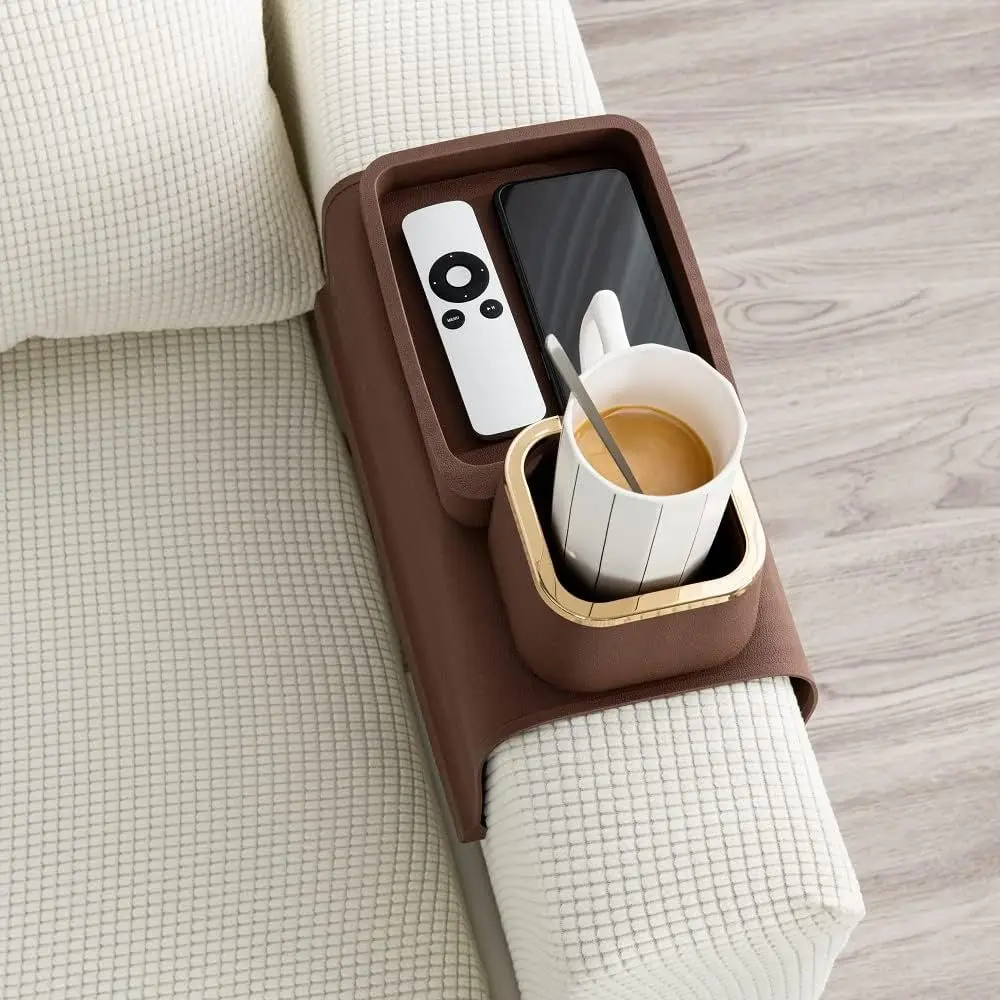 Brown Silicone Couch Cup Holder - Anti-Spill, Anti-Slip Tray for Drinks, Phones, Remotes & Snacks
