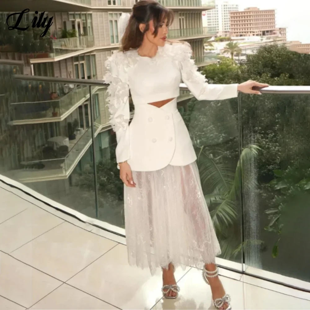 

Lily White Long Sleeves Formal Evening Dresses O-Neck Prom Dresses Pleated Ankle-Length Party Dresses Events Gala Customized