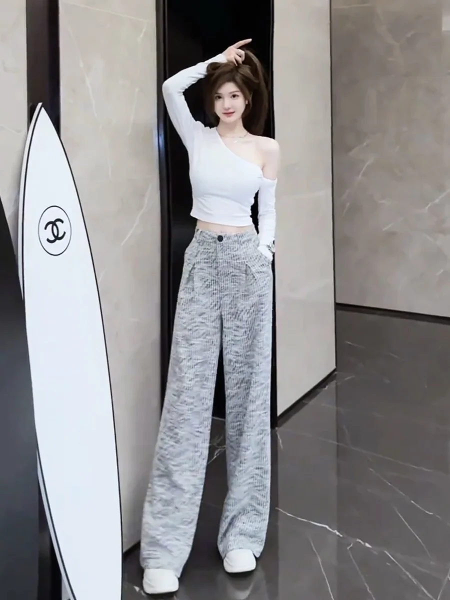 

Сексуальный и модный женский повседневный комплект из двух предметов: укороченный топ и брюки с широкими штанинами на высокой талии, осенняя коллекция 2024 года, новинка, эффект стройности