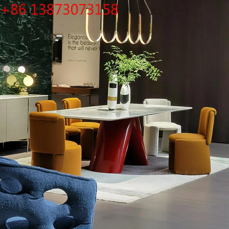 

Cary ice jade marble dining table stainless steel red high-gloss paint modern rectangular home dining table