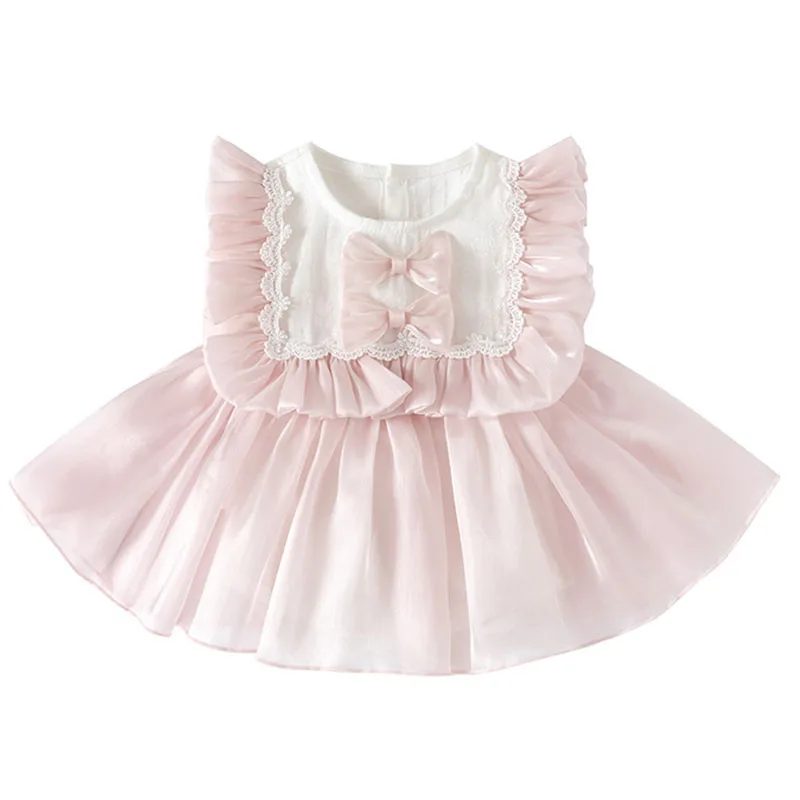 

Summer Newborn Girls Clothes Korean Fashion Cute Bow Pink Sleeveless Toddler First Birthday Princess Dress Baby Dresses B088
