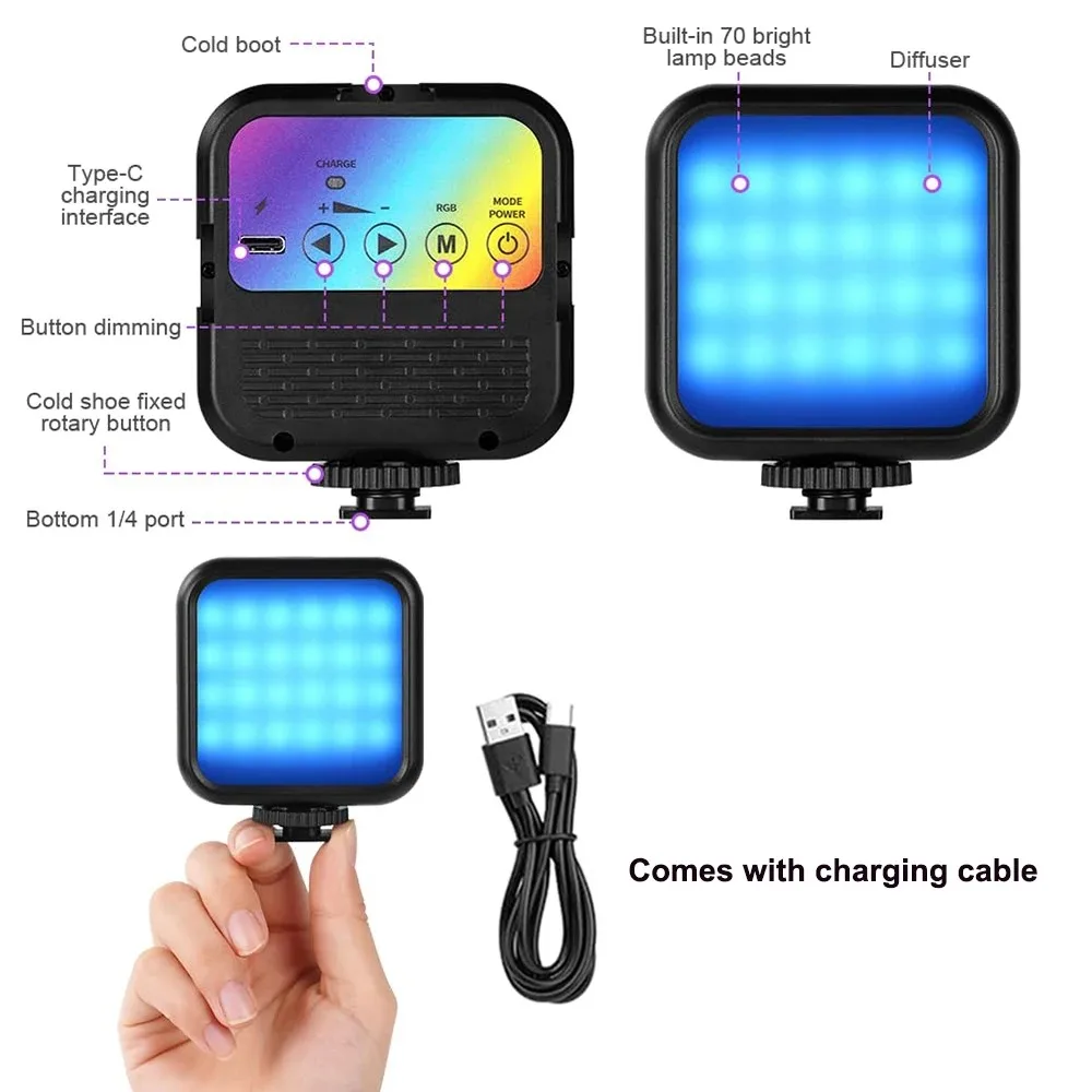 Mini RGB LED Square Soft Light Fill Photography for Insta360 Ace Pro Gopro DJI Action 4 Cameras Phone Selfie Live Streaming Vlog