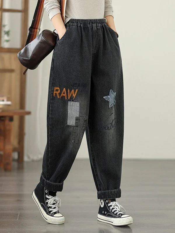 Casual impresso fce forrado jeans feminino artístico solto ajuste cintura alta thi denim inverno faion harajuku pai sle bla