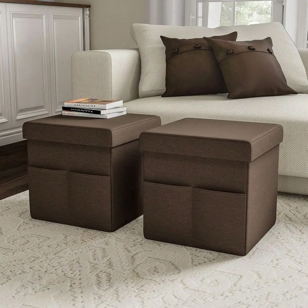 2 Brown Folding Storage Ottomans, 15-Inch Footrest Cube With Side Pockets, Versatile Organizer For Living Room, Bedroom