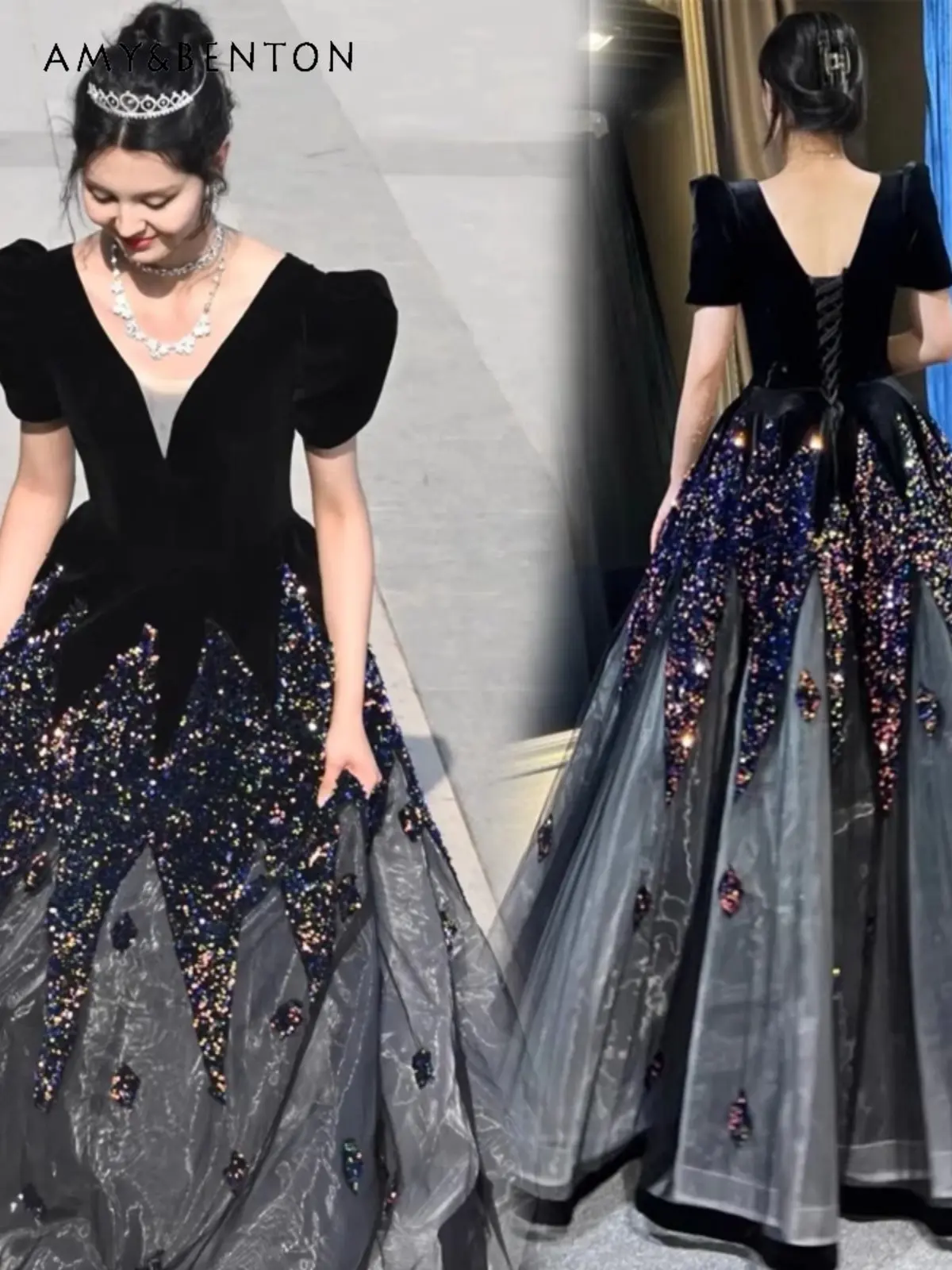 

2025 New Blue Slim High-Waisted V-Neck Short Sleeve Dress for Women Host Banquet Performance Black Princess Dress