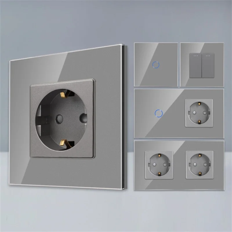 Bingoelec Interruptor de luz gris y toma de pared con panel de cristal para mejoras en el hogar